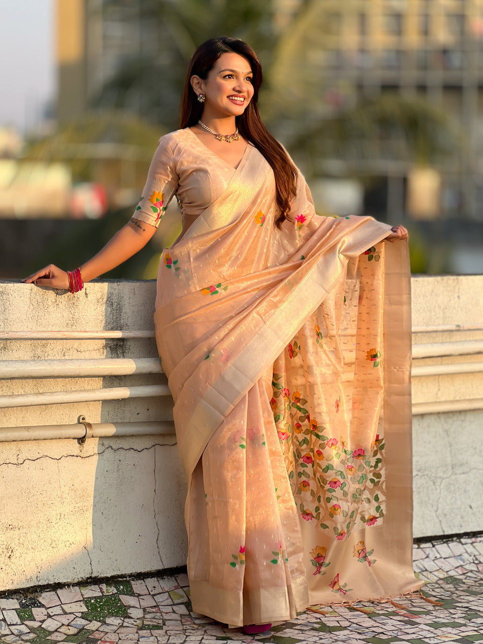 Peach Organza Silk Jamdani Pattern Zari Woven Saree