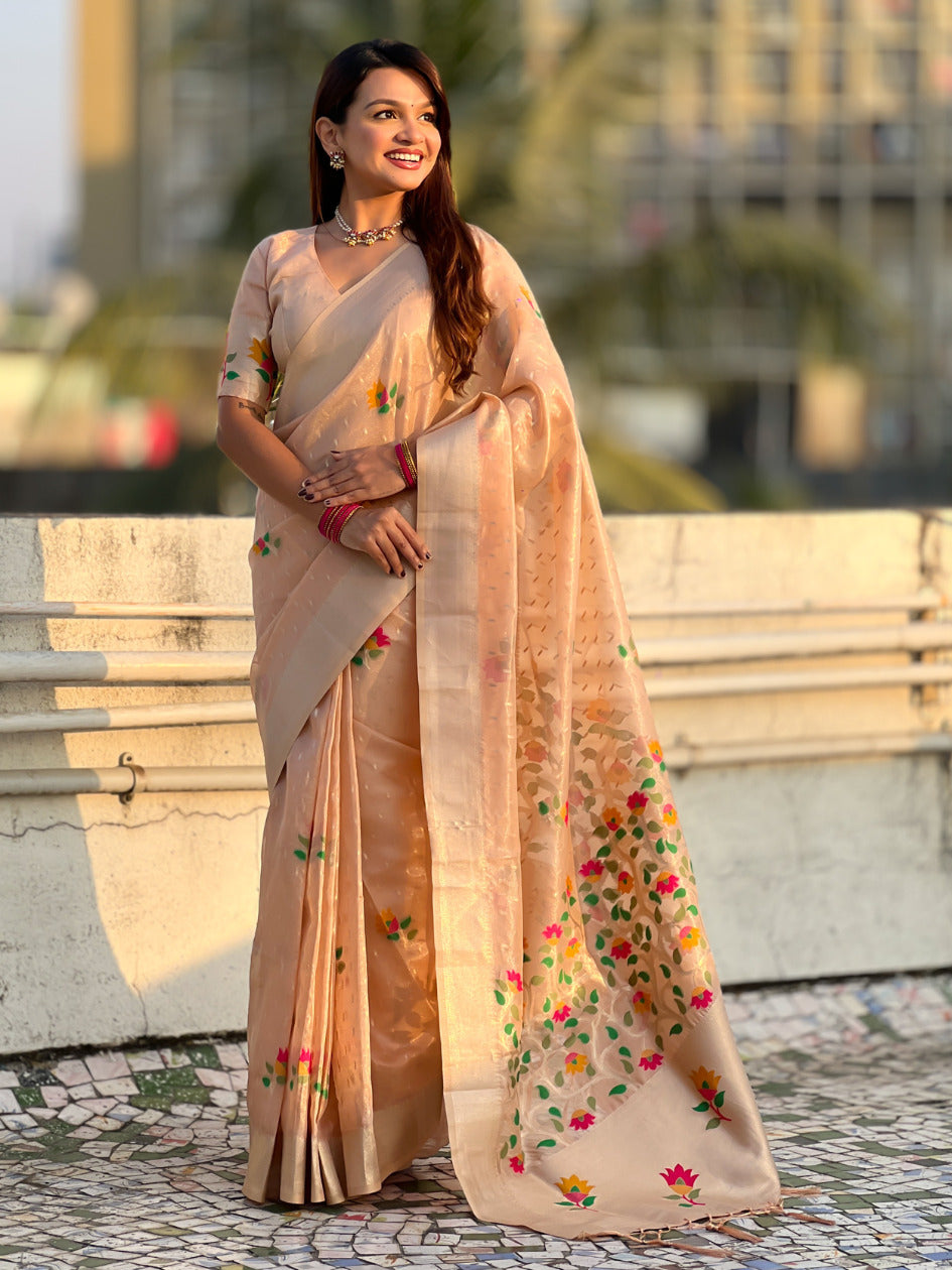 Peach Organza Silk Jamdani Pattern Zari Woven Saree