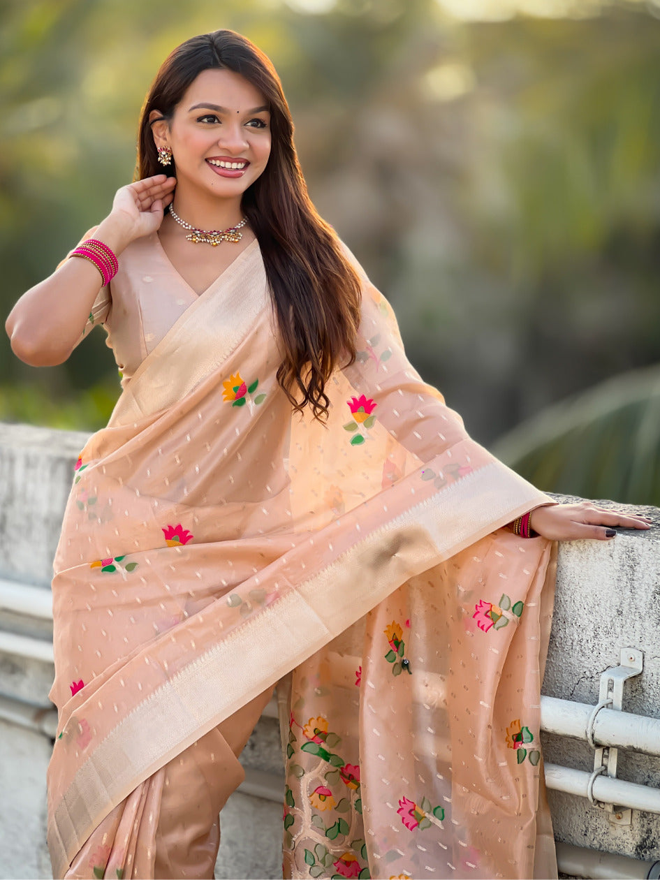 Peach Organza Silk Jamdani Pattern Zari Woven Saree