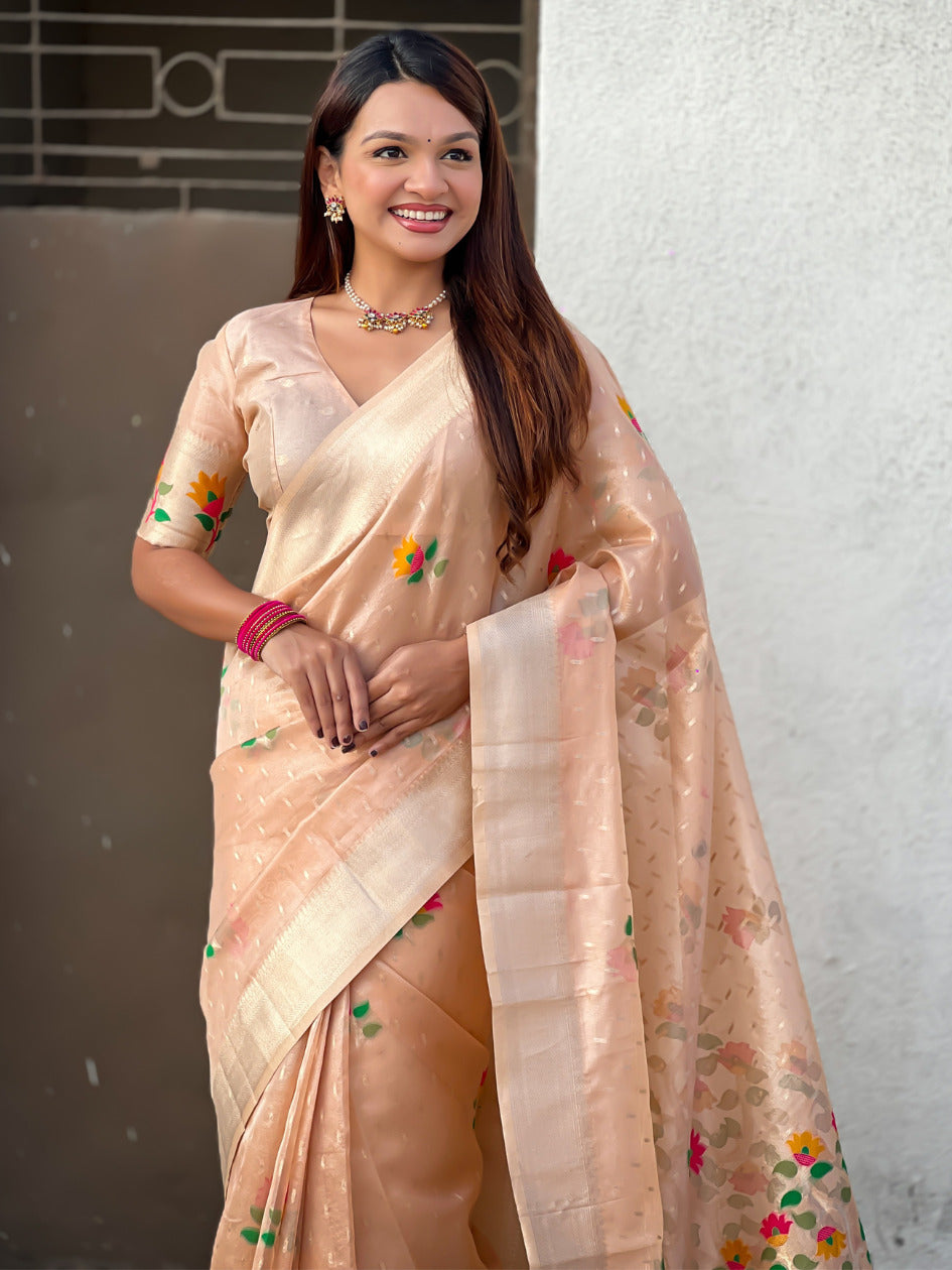 Peach Organza Silk Jamdani Pattern Zari Woven Saree