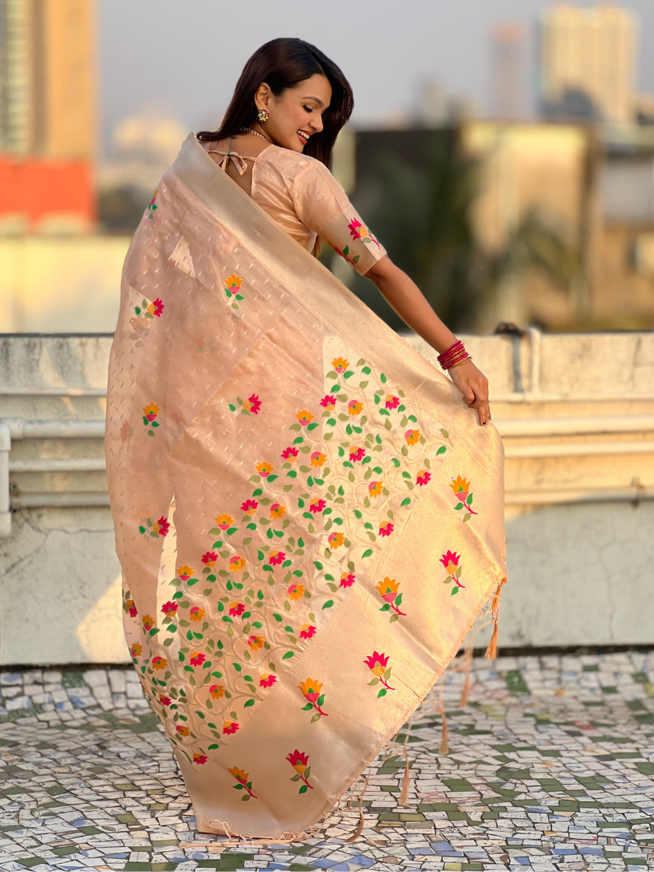 Peach Organza Silk Jamdani Pattern Zari Woven Saree