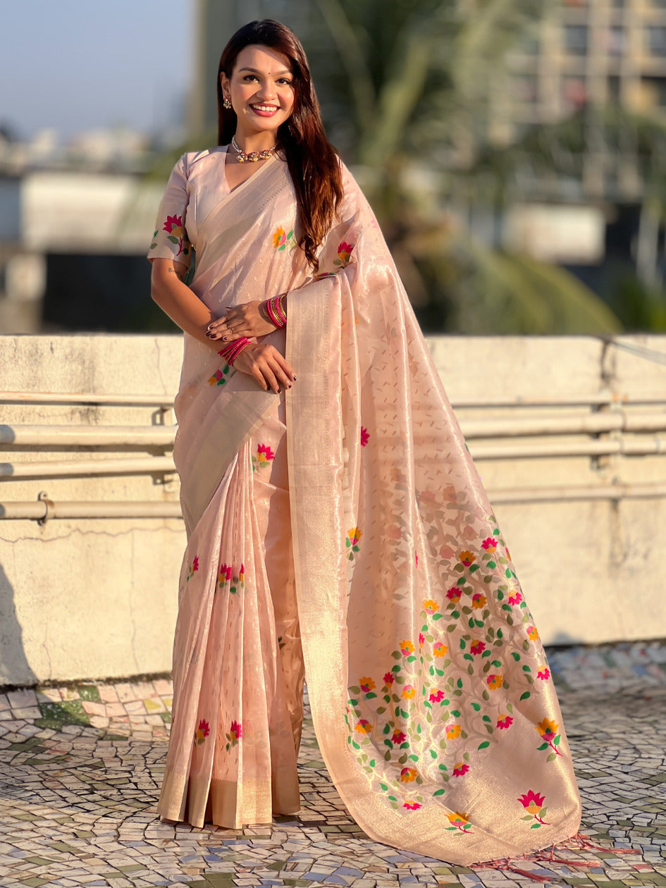 Light Pink Organza Silk Jamdani Pattern Zari Woven Saree