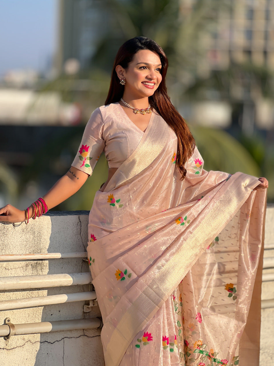 Light Pink Organza Silk Jamdani Pattern Zari Woven Saree