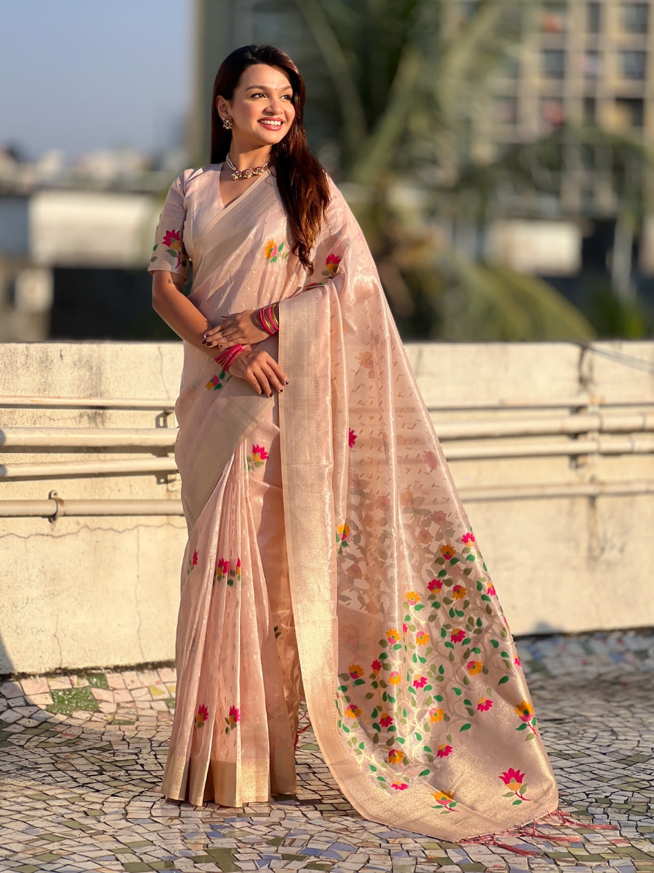 Light Pink Organza Silk Jamdani Pattern Zari Woven Saree