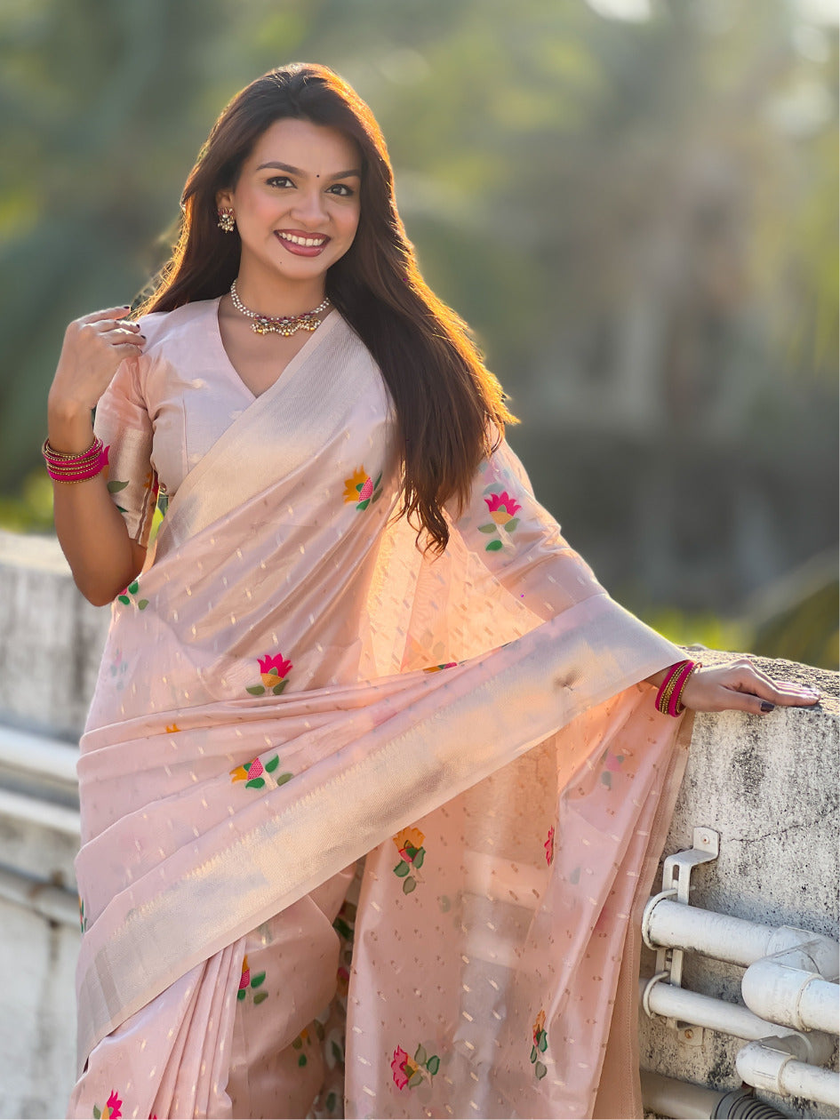Light Pink Organza Silk Jamdani Pattern Zari Woven Saree