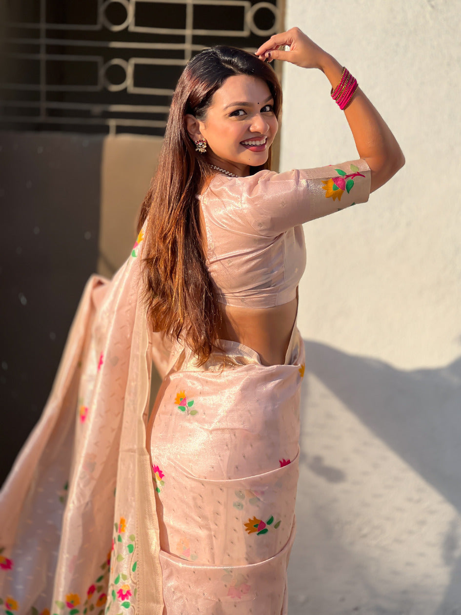 Light Pink Organza Silk Jamdani Pattern Zari Woven Saree