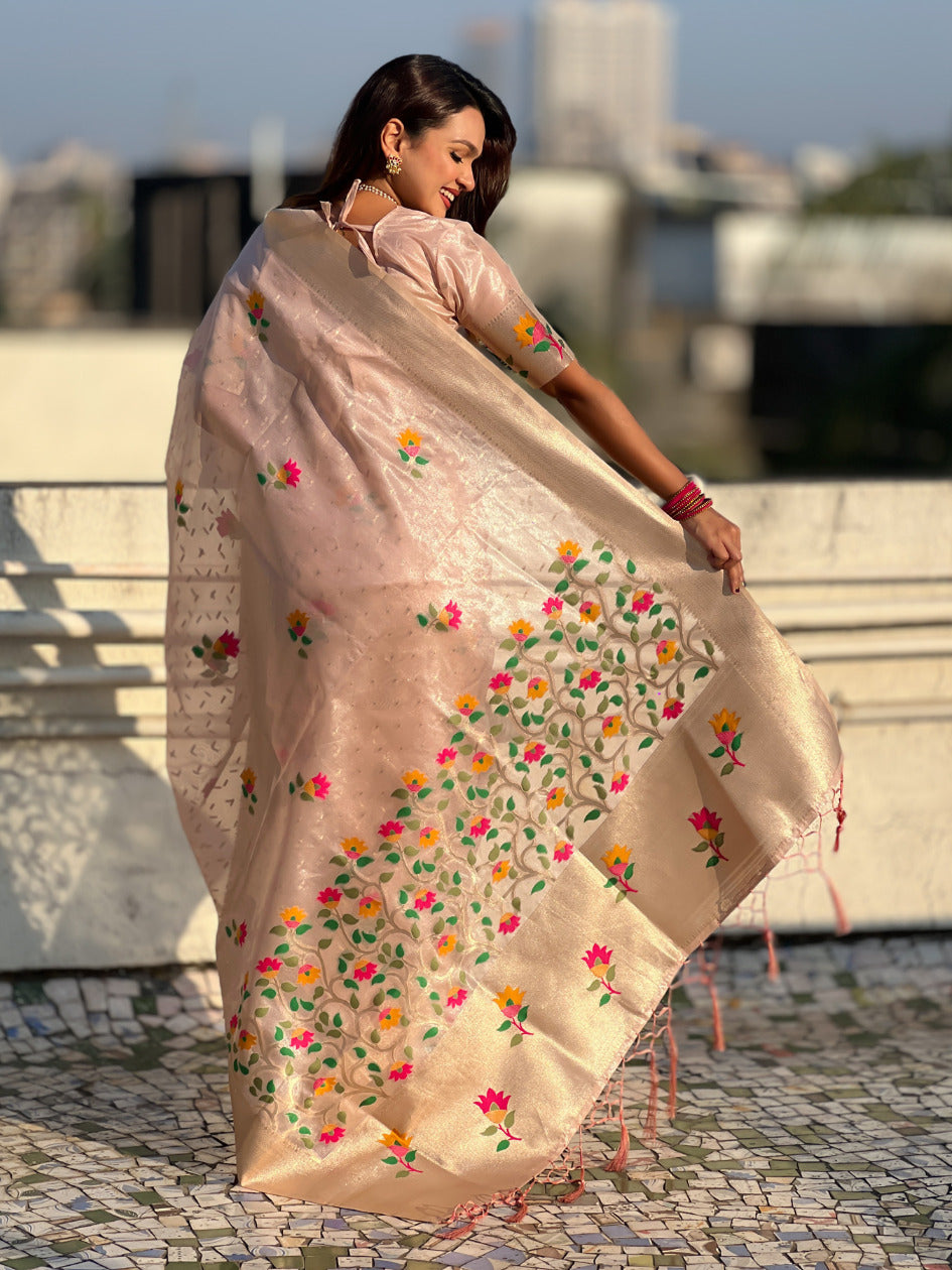Light Pink Organza Silk Jamdani Pattern Zari Woven Saree