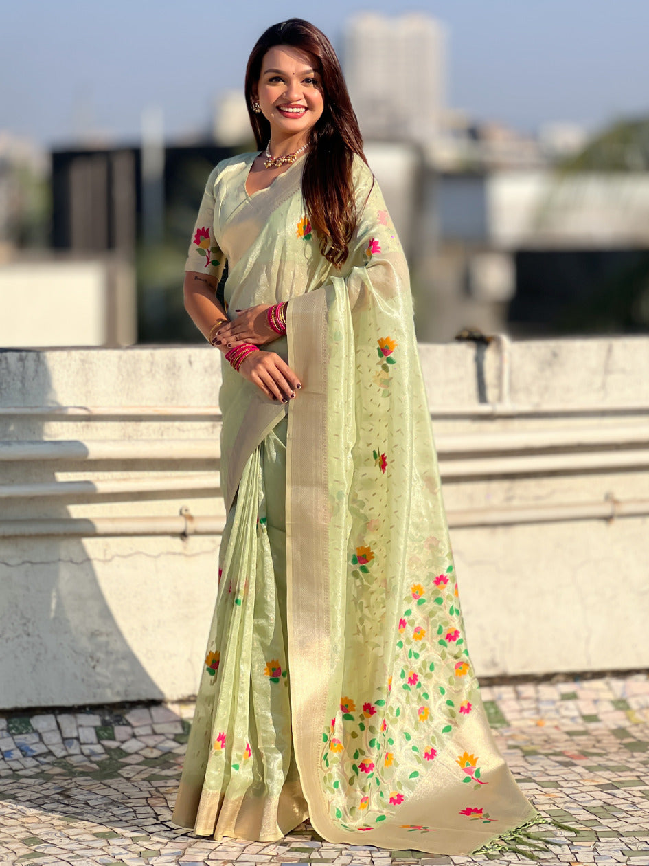 Pista Green Organza Silk Jamdani Pattern Zari Woven Saree