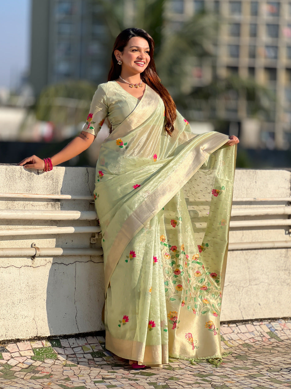 Pista Green Organza Silk Jamdani Pattern Zari Woven Saree