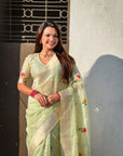 Pista Green Organza Silk Jamdani Pattern Zari Woven Saree