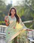 Pista Green Organza Silk Jamdani Pattern Zari Woven Saree
