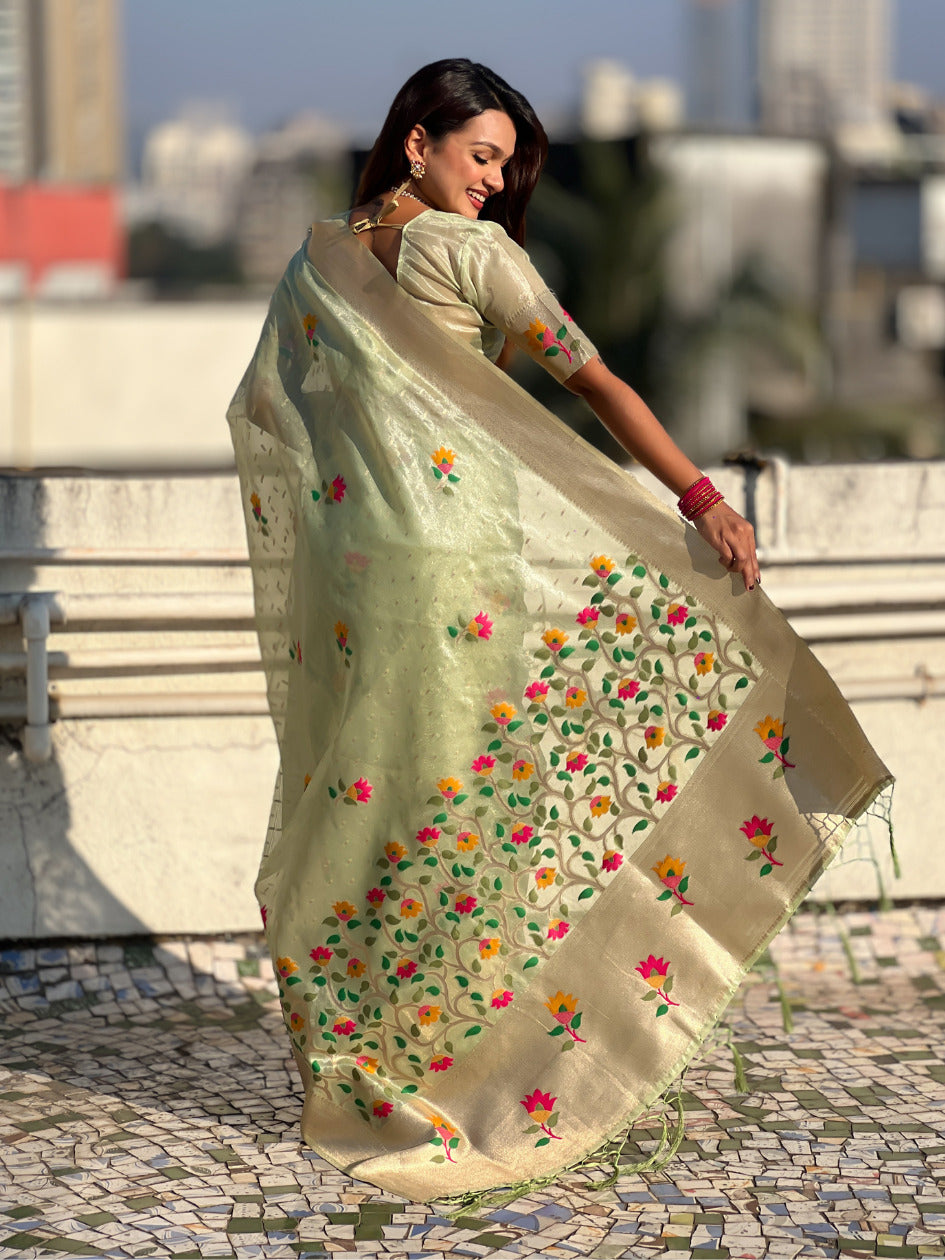 Pista Green Organza Silk Jamdani Pattern Zari Woven Saree