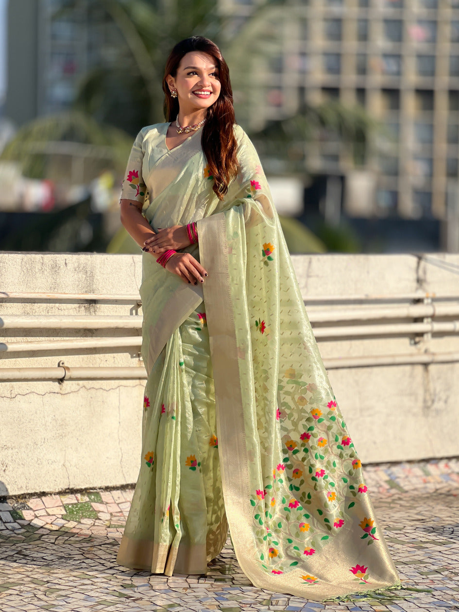 Pista Green Organza Silk Jamdani Pattern Zari Woven Saree