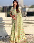 Pista Green Organza Silk Jamdani Pattern Zari Woven Saree