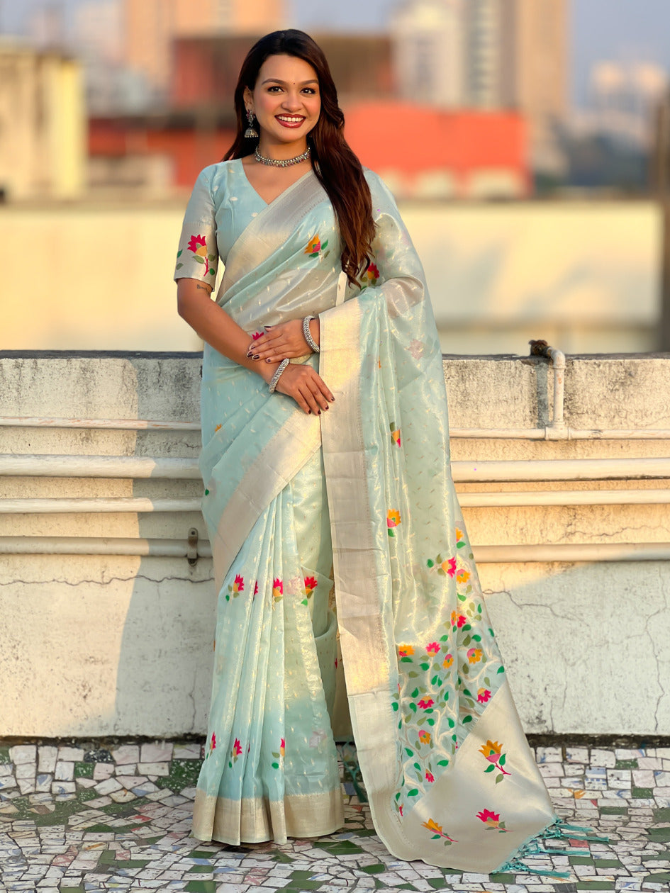 Sky Blue Organza Silk Jamdani Pattern Zari Woven Saree