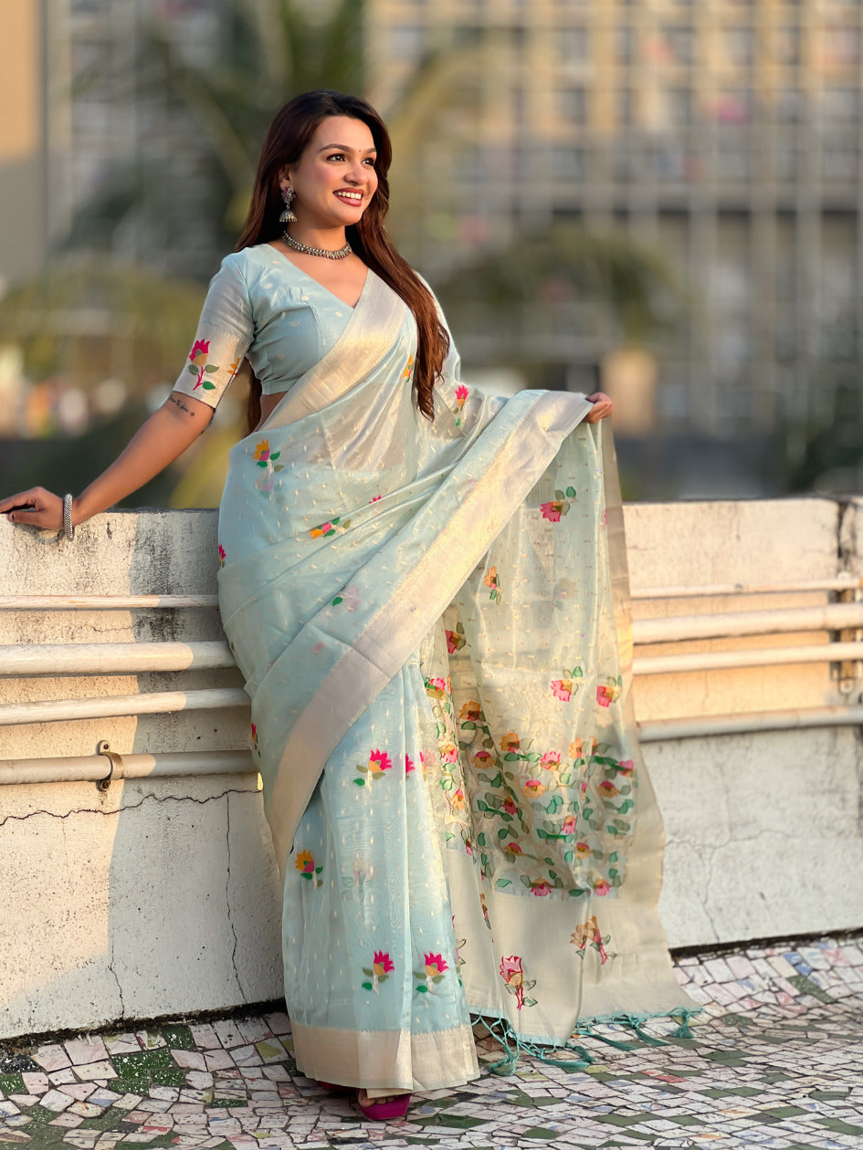 Sky Blue Organza Silk Jamdani Pattern Zari Woven Saree
