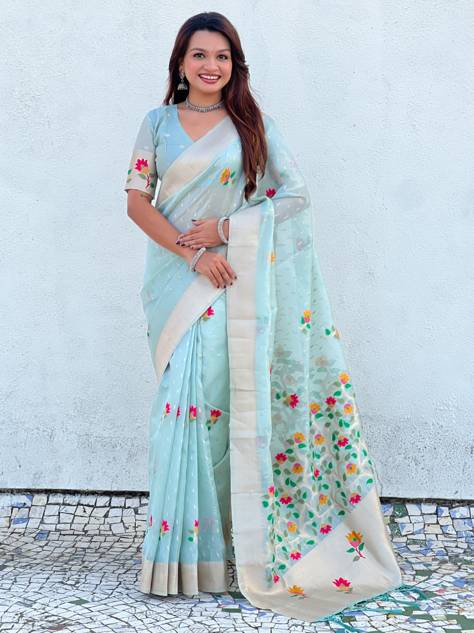 Sky Blue Organza Silk Jamdani Pattern Zari Woven Saree