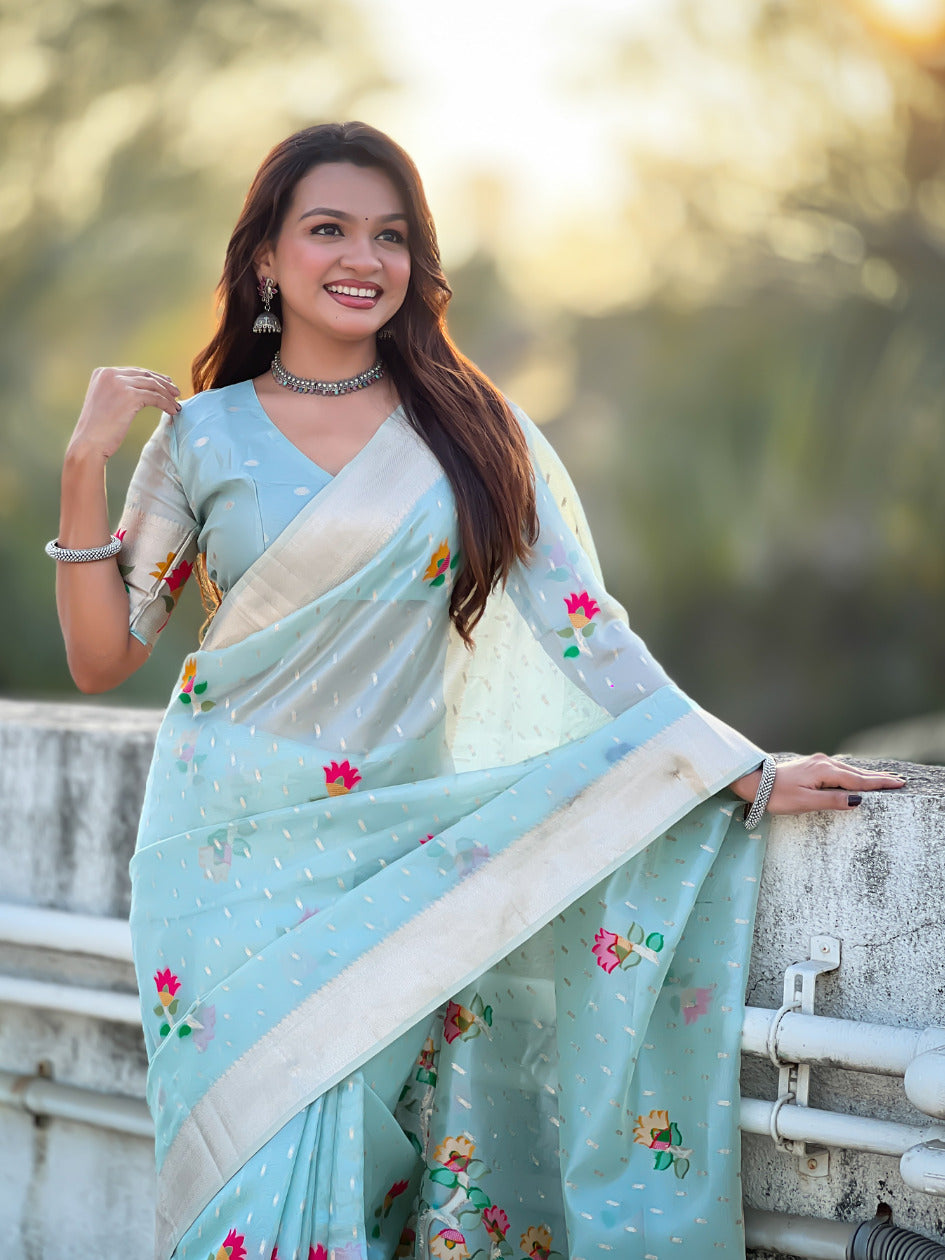 Sky Blue Organza Silk Jamdani Pattern Zari Woven Saree