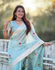 Sky Blue Organza Silk Jamdani Pattern Zari Woven Saree