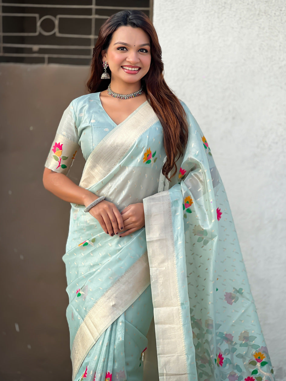 Sky Blue Organza Silk Jamdani Pattern Zari Woven Saree
