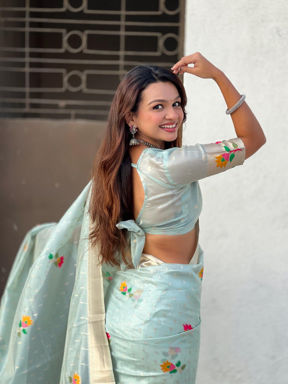 Sky Blue Organza Silk Jamdani Pattern Zari Woven Saree