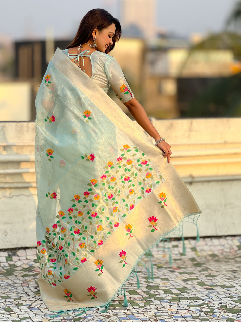 Sky Blue Organza Silk Jamdani Pattern Zari Woven Saree
