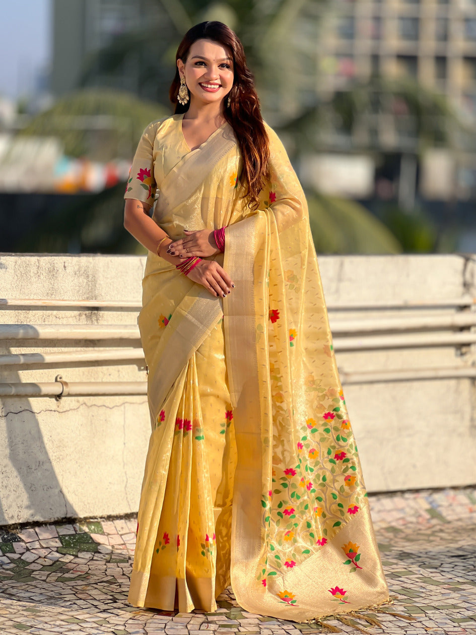 Yellow Organza Silk Jamdani Pattern Zari Woven Saree