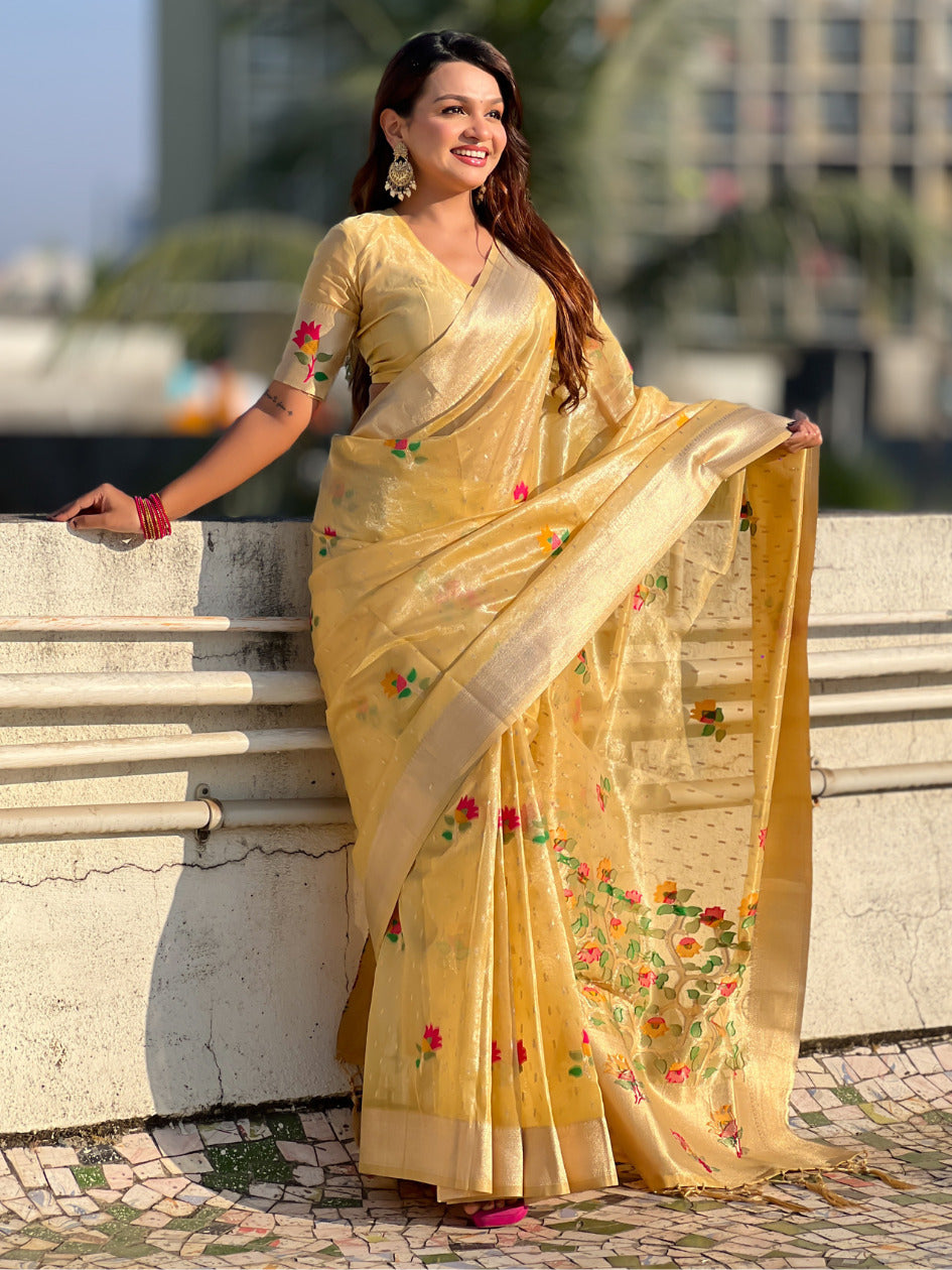 Yellow Organza Silk Jamdani Pattern Zari Woven Saree