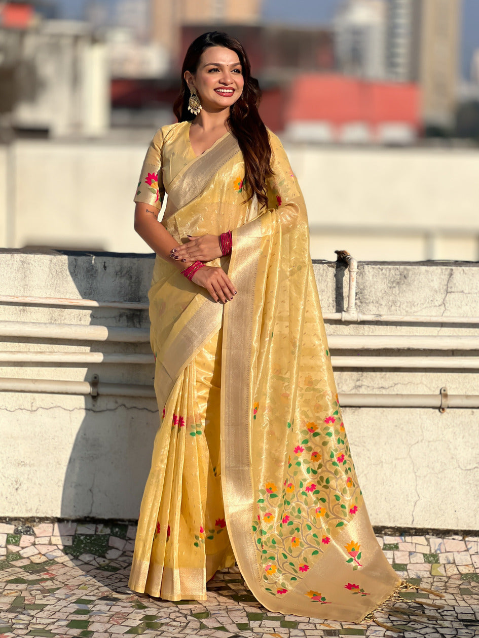 Yellow Organza Silk Jamdani Pattern Zari Woven Saree