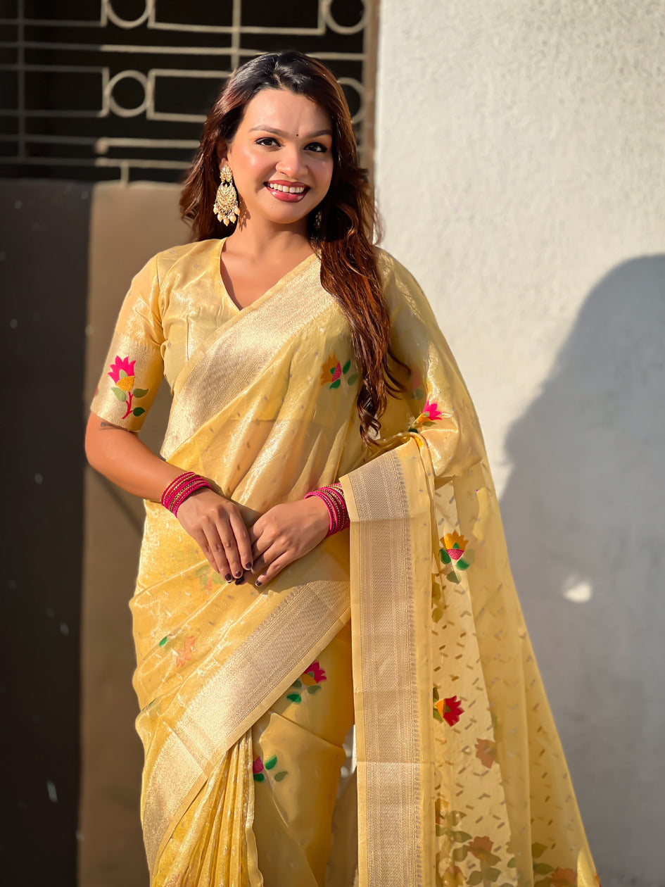 Yellow Organza Silk Jamdani Pattern Zari Woven Saree