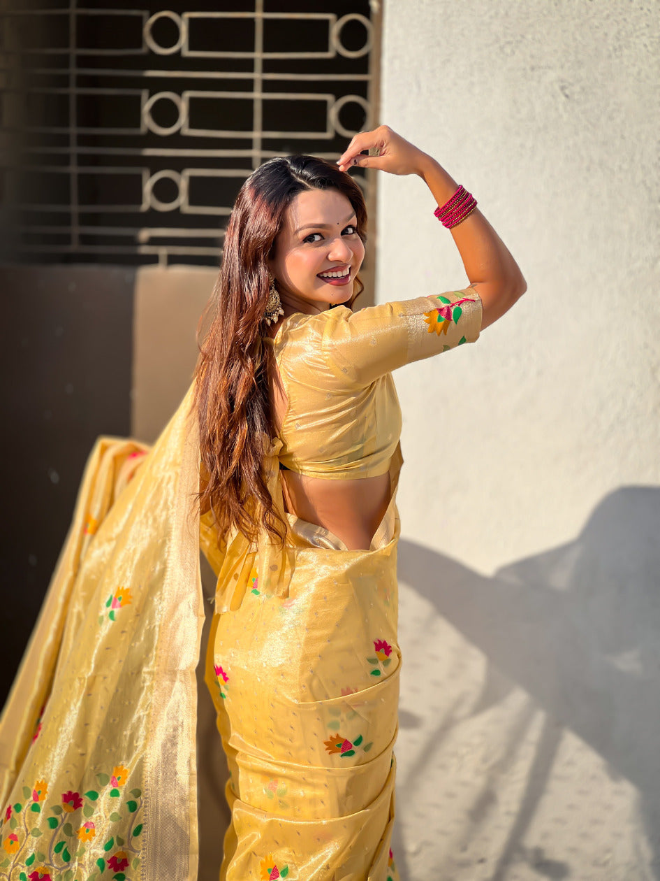 Yellow Organza Silk Jamdani Pattern Zari Woven Saree