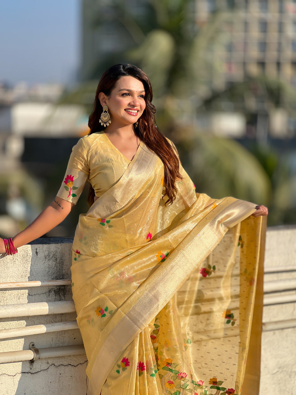 Yellow Organza Silk Jamdani Pattern Zari Woven Saree