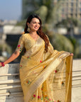 Yellow Organza Silk Jamdani Pattern Zari Woven Saree
