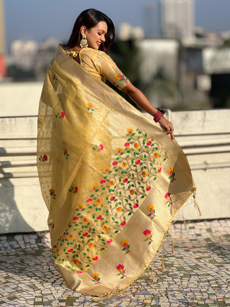 Yellow Organza Silk Jamdani Pattern Zari Woven Saree