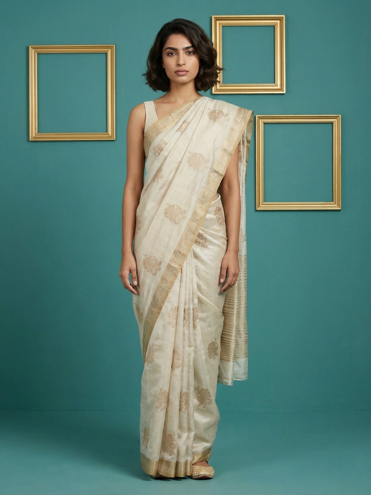Chickoo Tussar Silk Gold Zari Woven Embroidery Saree