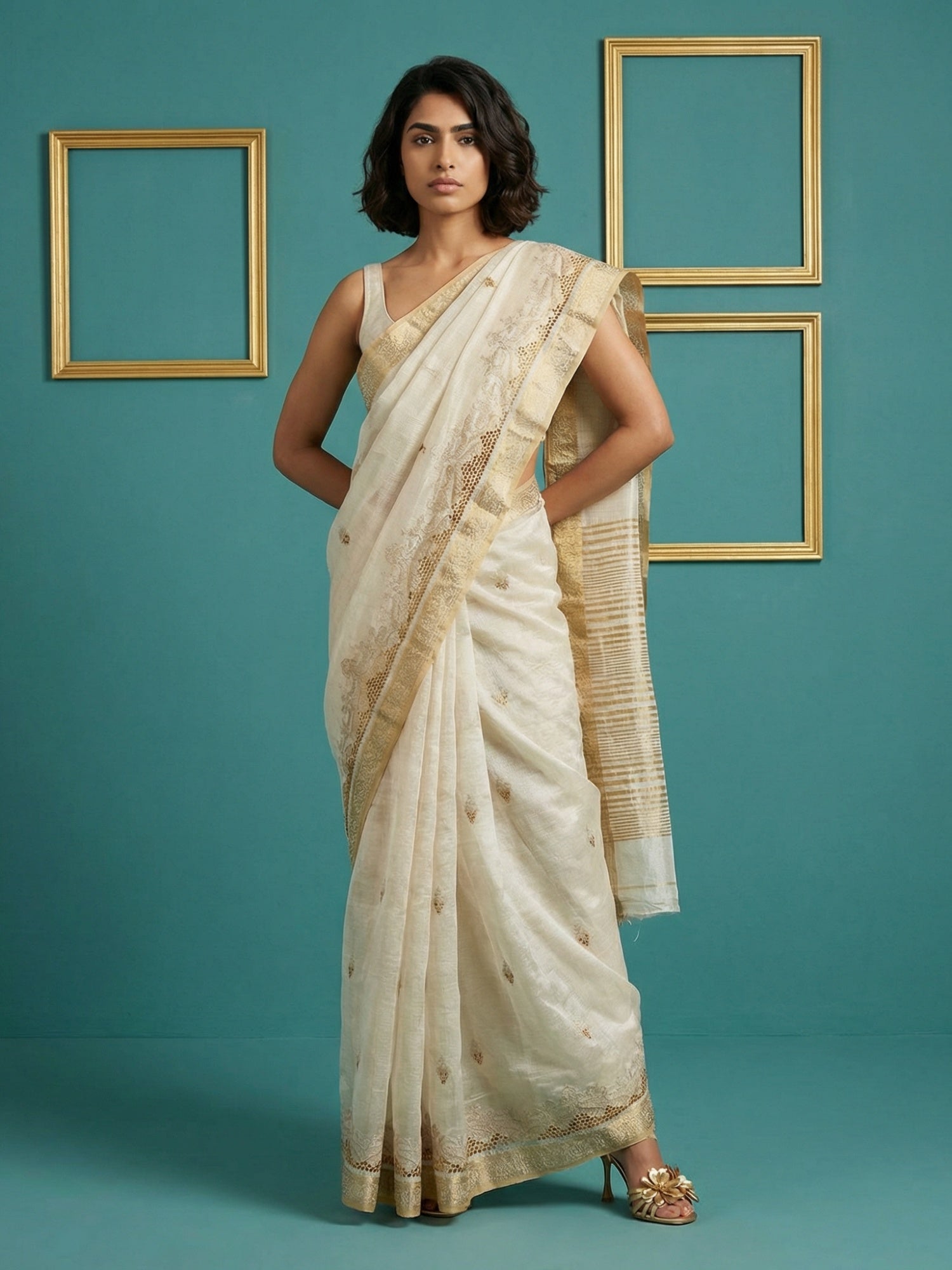 Chickoo Tussar Silk Zari Woven Cutwork Embroidery Saree