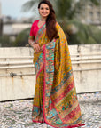 Mustard Yellow Premium Position Printed Pashmina Viscose Silk Saree with Darbari Border