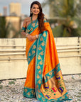 Orange Paithani Silk Lotus Jaal Contrast Border Saree