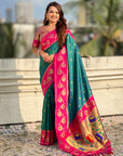 Peacock Blue Paithani Silk Lotus Jaal Contrast Border Saree