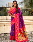 Purple(Red tone) Paithani Silk Lotus Jaal Contrast Border Saree