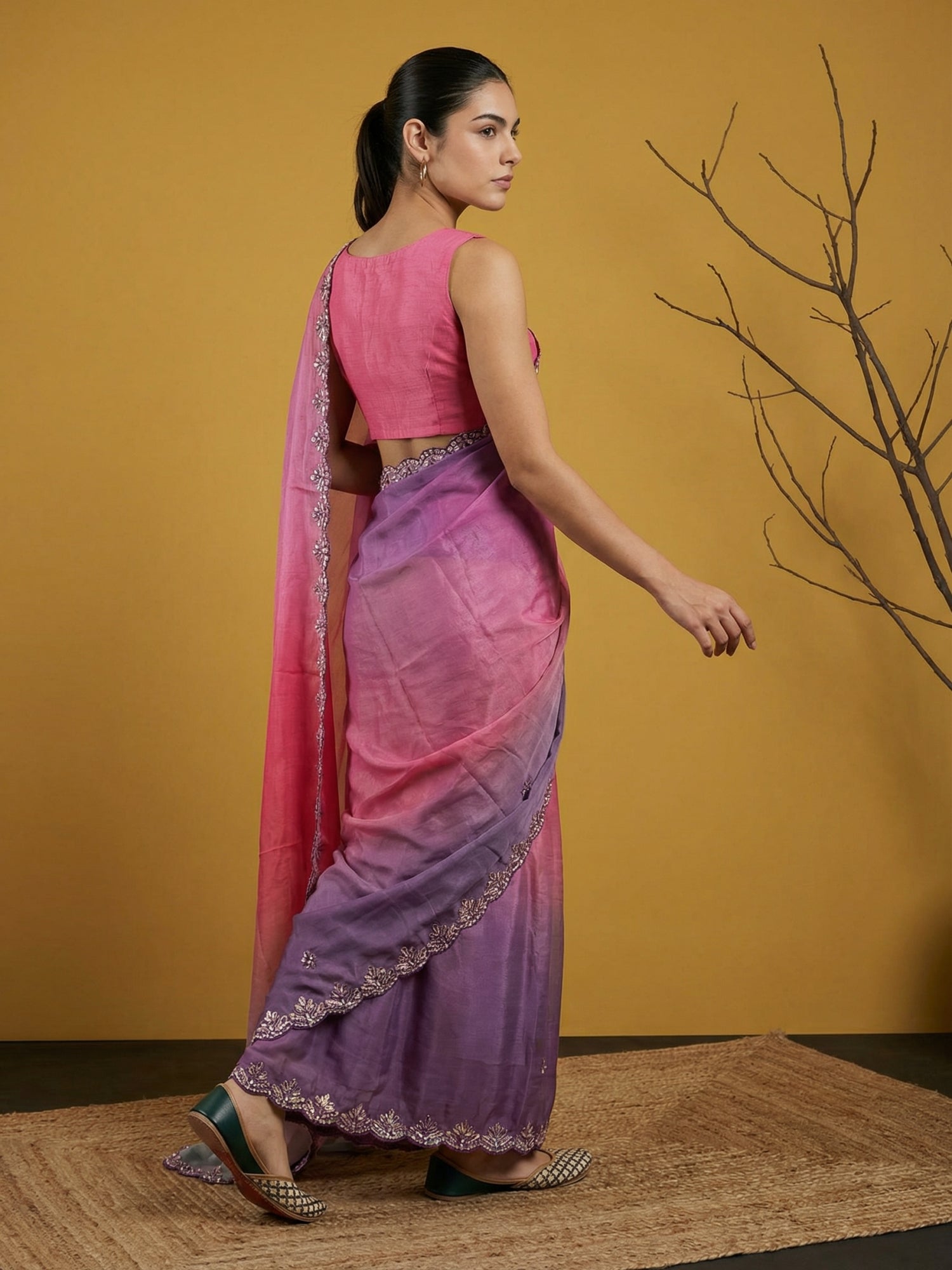 Pink &amp; Purple Soft Fendy Satin with Gotapatti Work Padding Saree