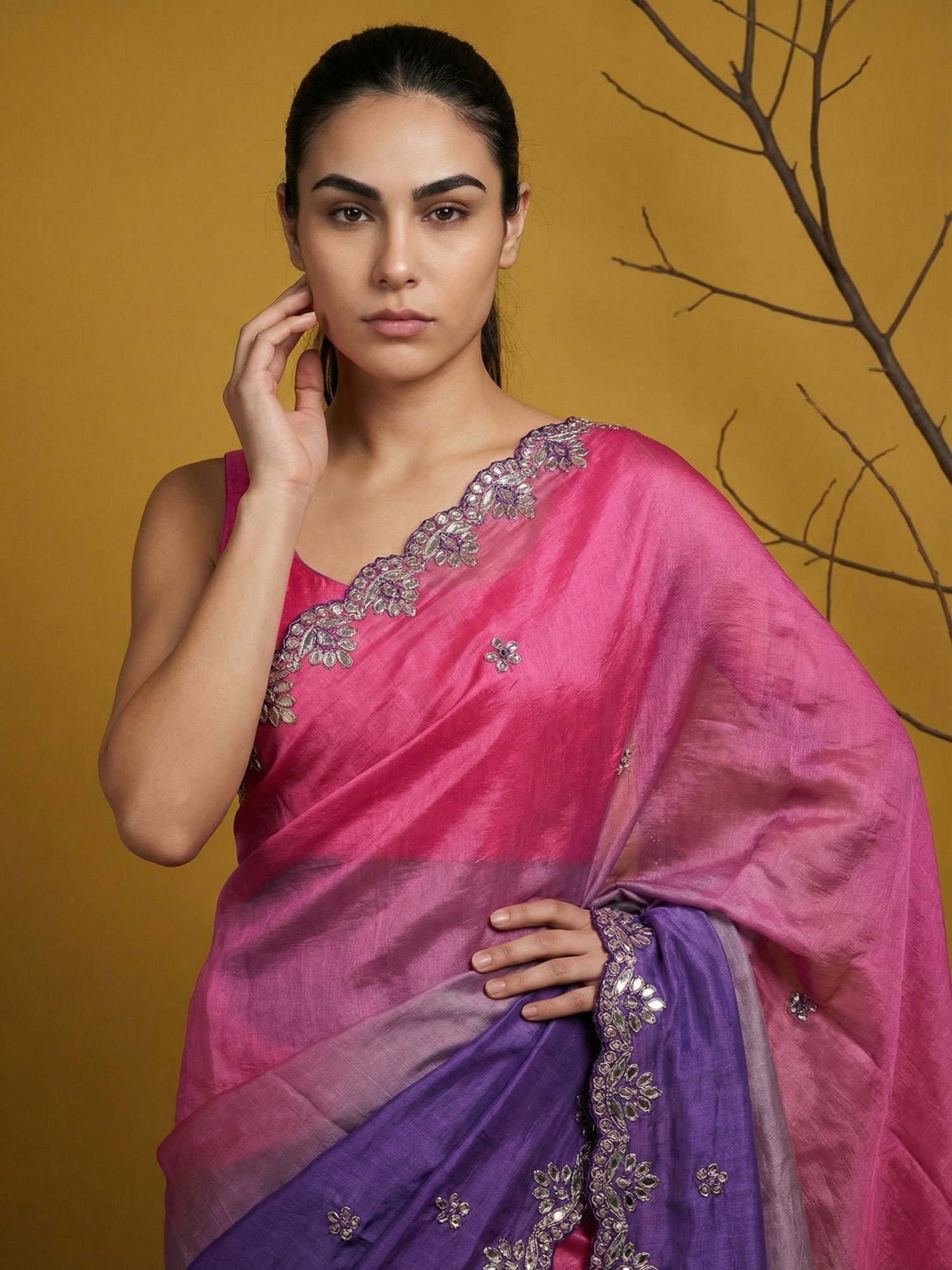 Pink &amp; Purple Soft Fendy Satin with Gotapatti Work Padding Saree