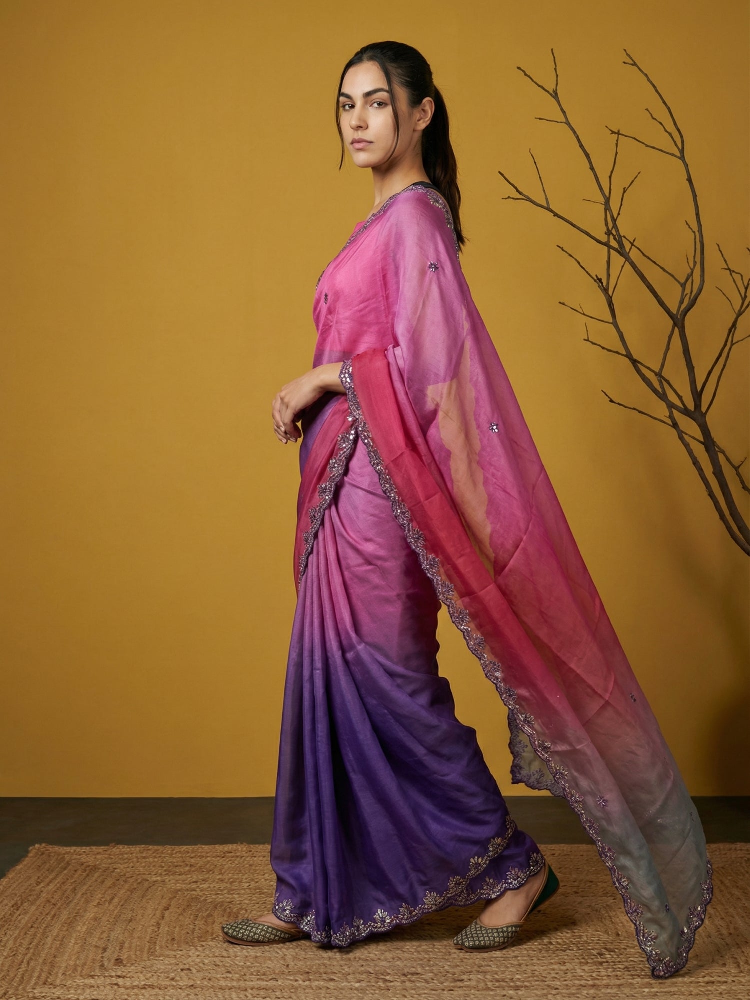 Pink &amp; Purple Soft Fendy Satin with Gotapatti Work Padding Saree