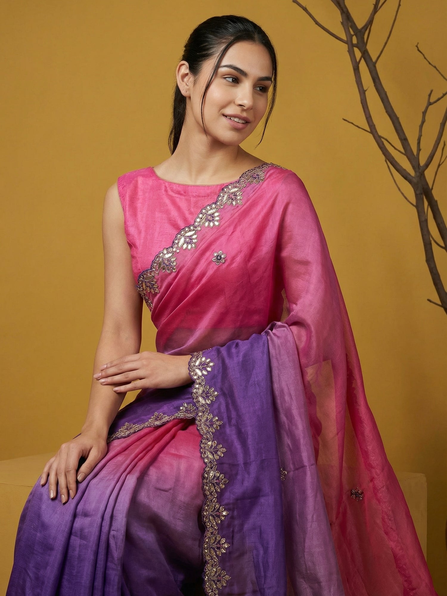 Pink &amp; Purple Soft Fendy Satin with Gotapatti Work Padding Saree