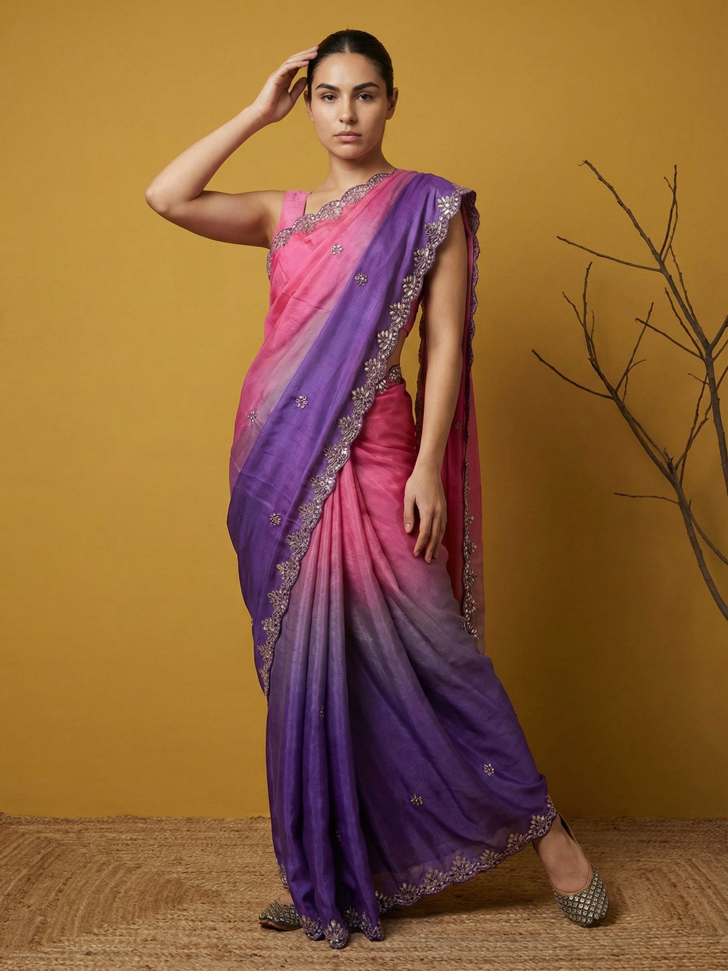 Pink &amp; Purple Soft Fendy Satin with Gotapatti Work Padding Saree