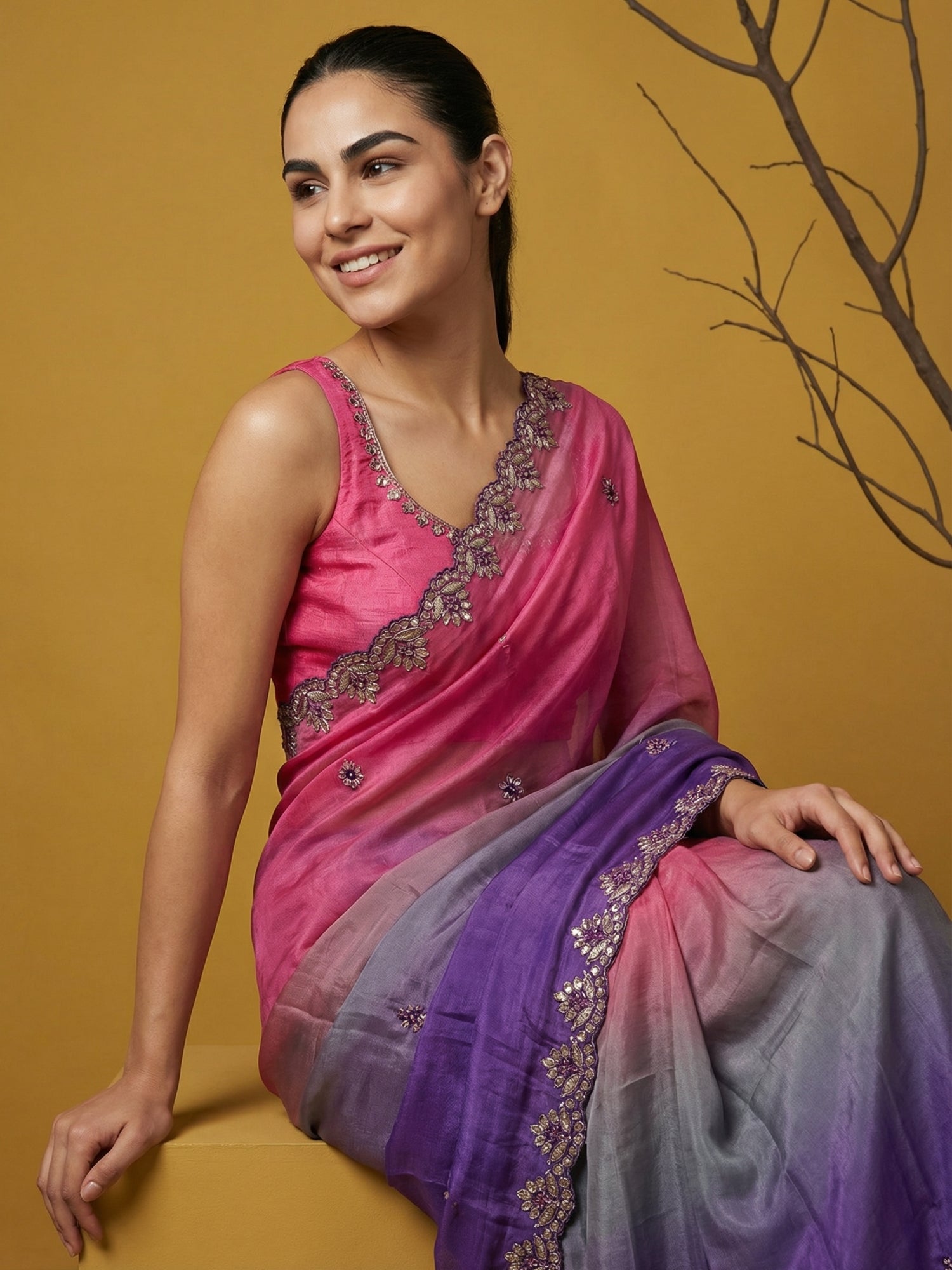 Pink &amp; Purple Soft Fendy Satin with Gotapatti Work Padding Saree