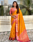 Mustard Yellow Soft Ikkat Patola Zari Woven Silk Saree