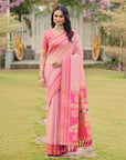 Light Pink Soft Ikkal Silk Zari Woven Kolam Pattern Saree with Paithani Pallu