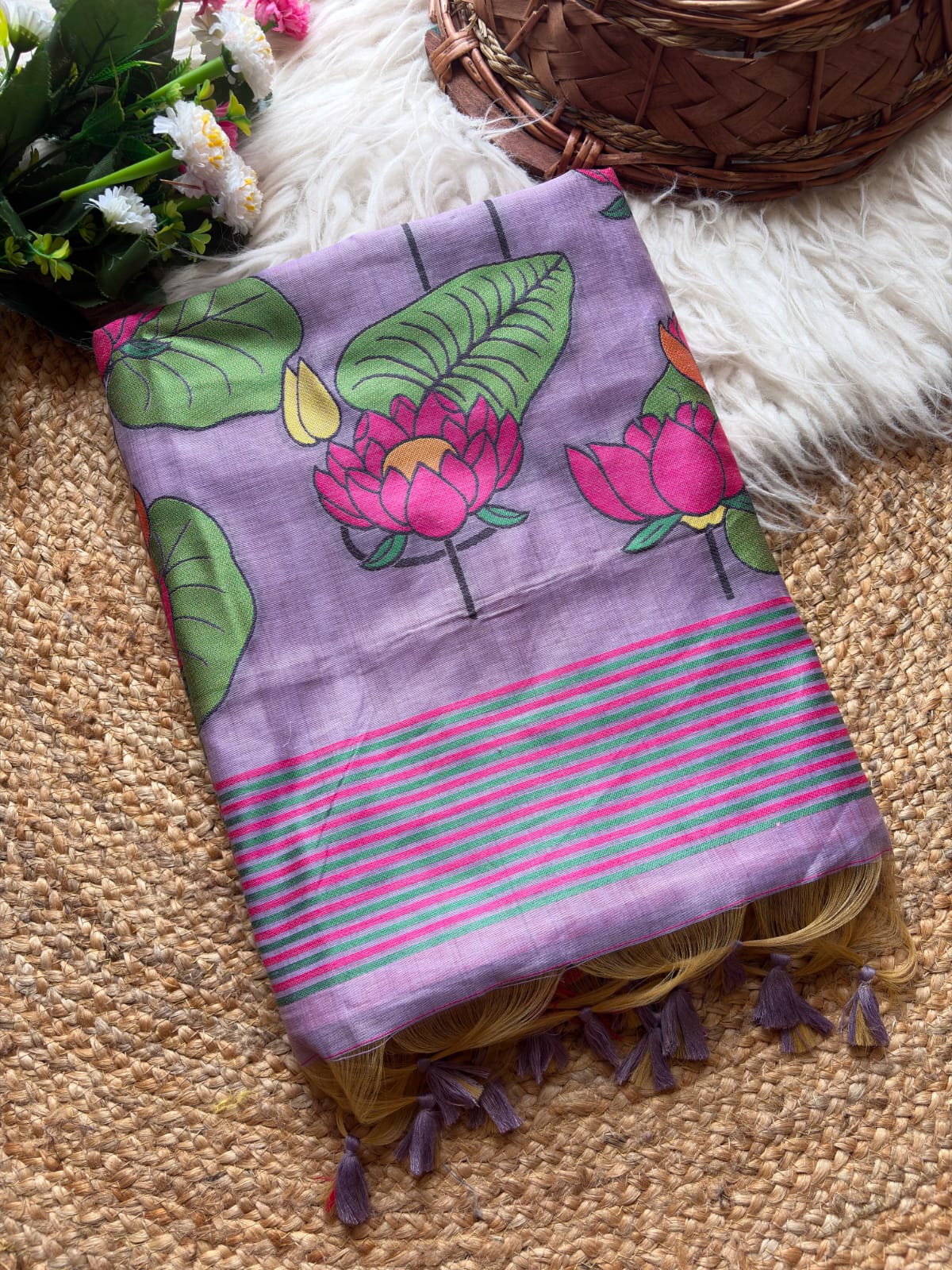 Lavender Soft Flora Cotton Resham Saree with Lotus Pattern Saree