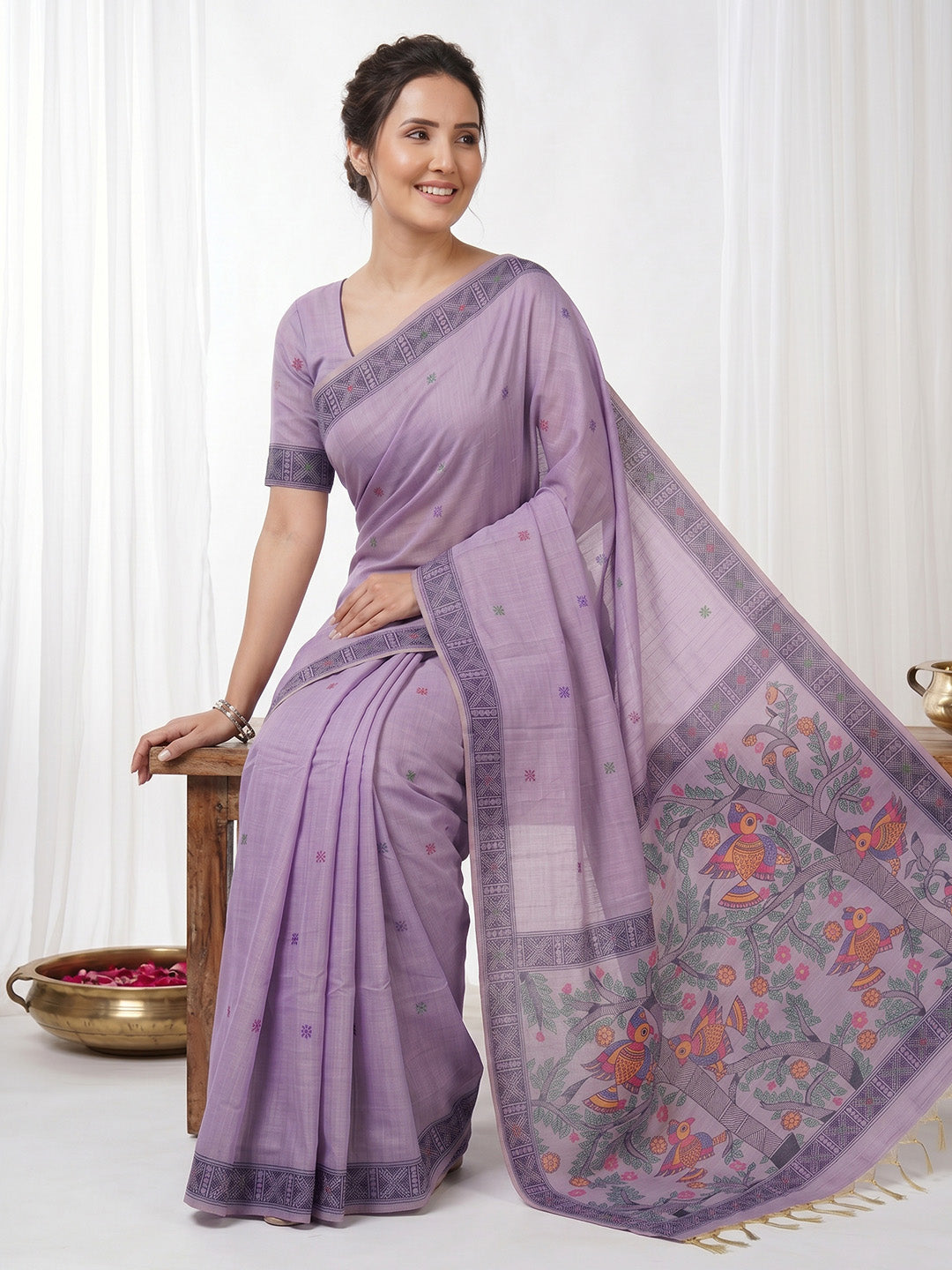 Lavender Soft Muga Cotton with Kalamkari Style Bird Motif Narrative Pallu